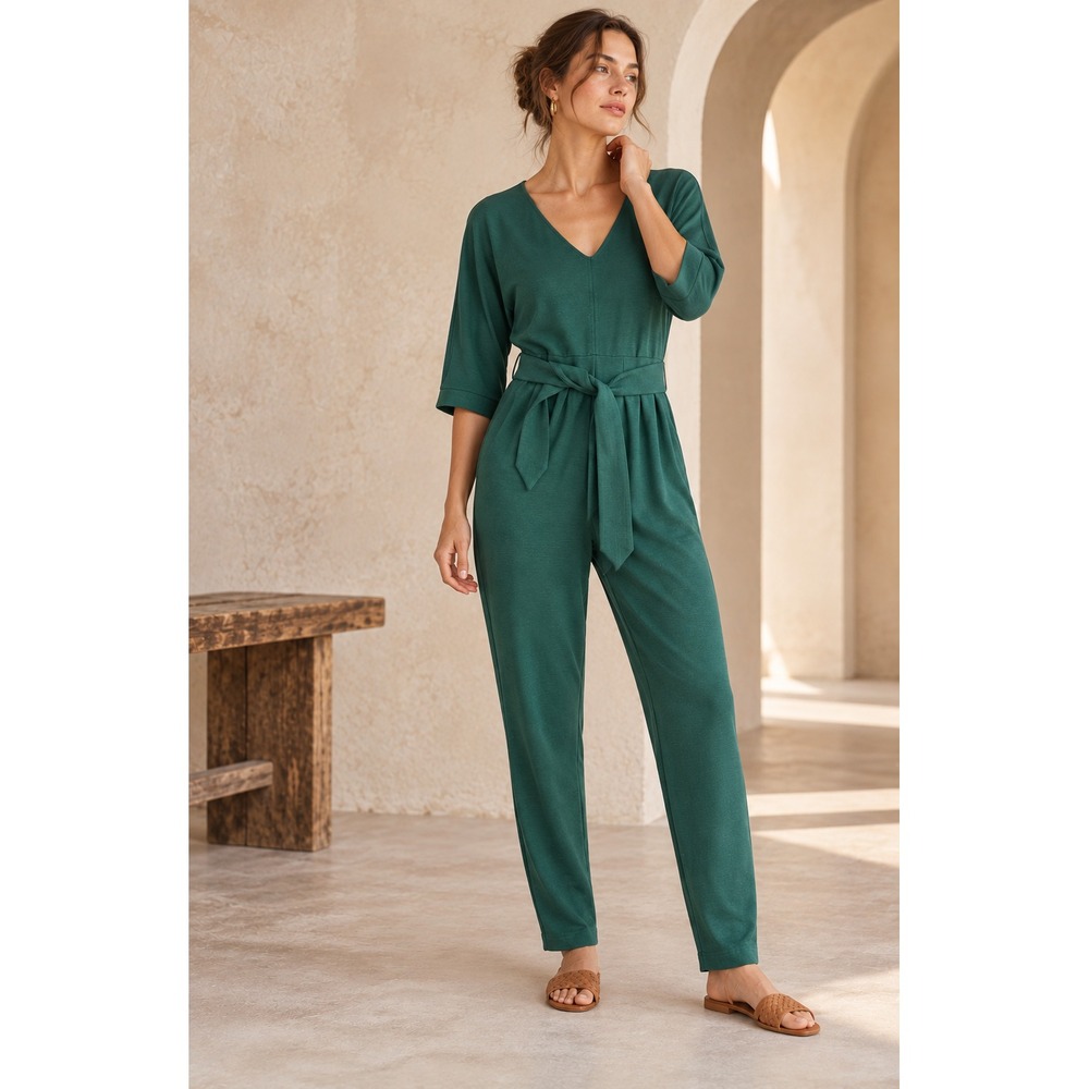By Anthropologie Sutton Jumpsuit Sz S Green Belted Knit V Neck 3/4 Sleeve